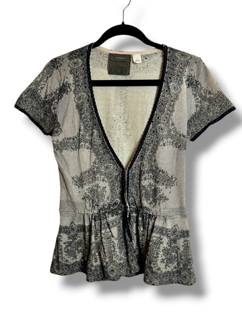 Anthro Guinevere Black Paisley Lace Print Short Sleeve Peplum Top 100% Cotton M